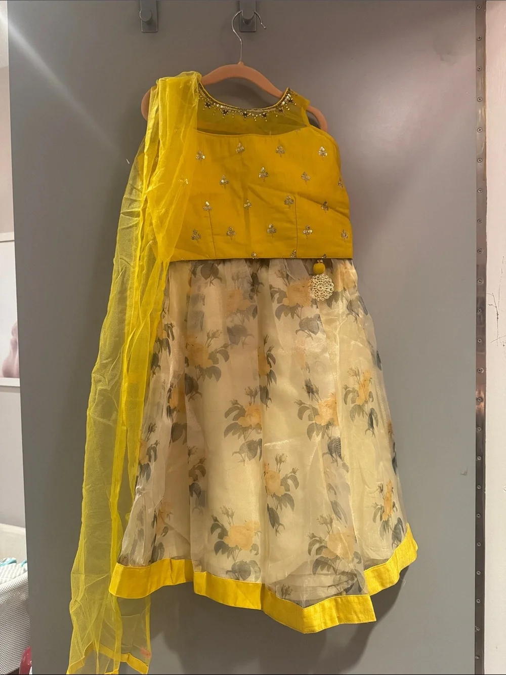 Yellow Embroidered Choli and Floral Lehenga Set